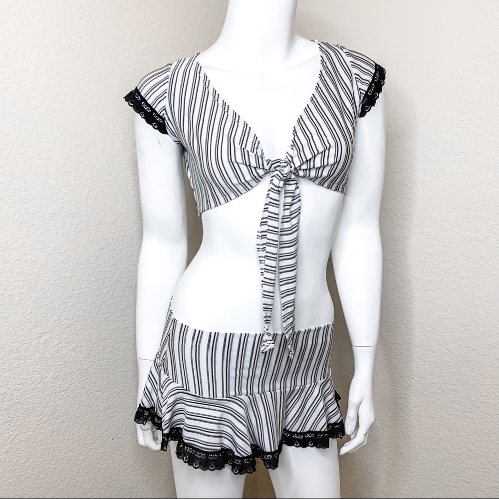 MADAM D. Black and White Striped Top & Skirt Set
